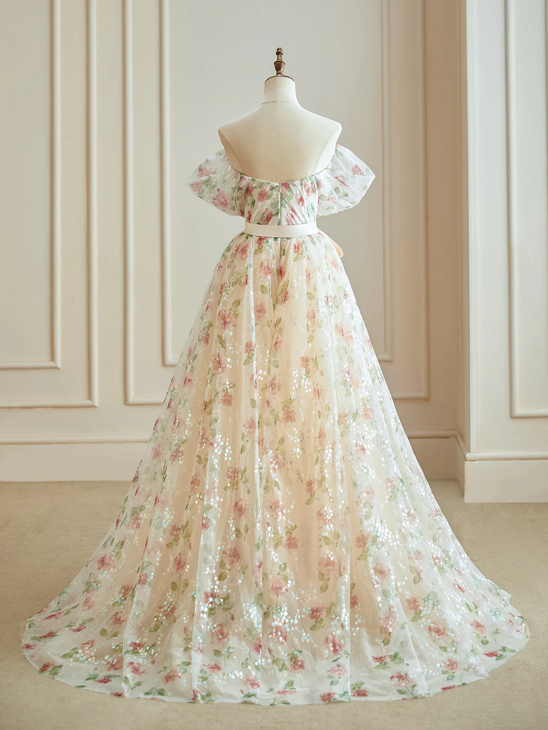 A-Line Off Shoulder Tulle Lace Champagne Long Prom Dress, Champagne Long Evening Dress - Deanwangkt