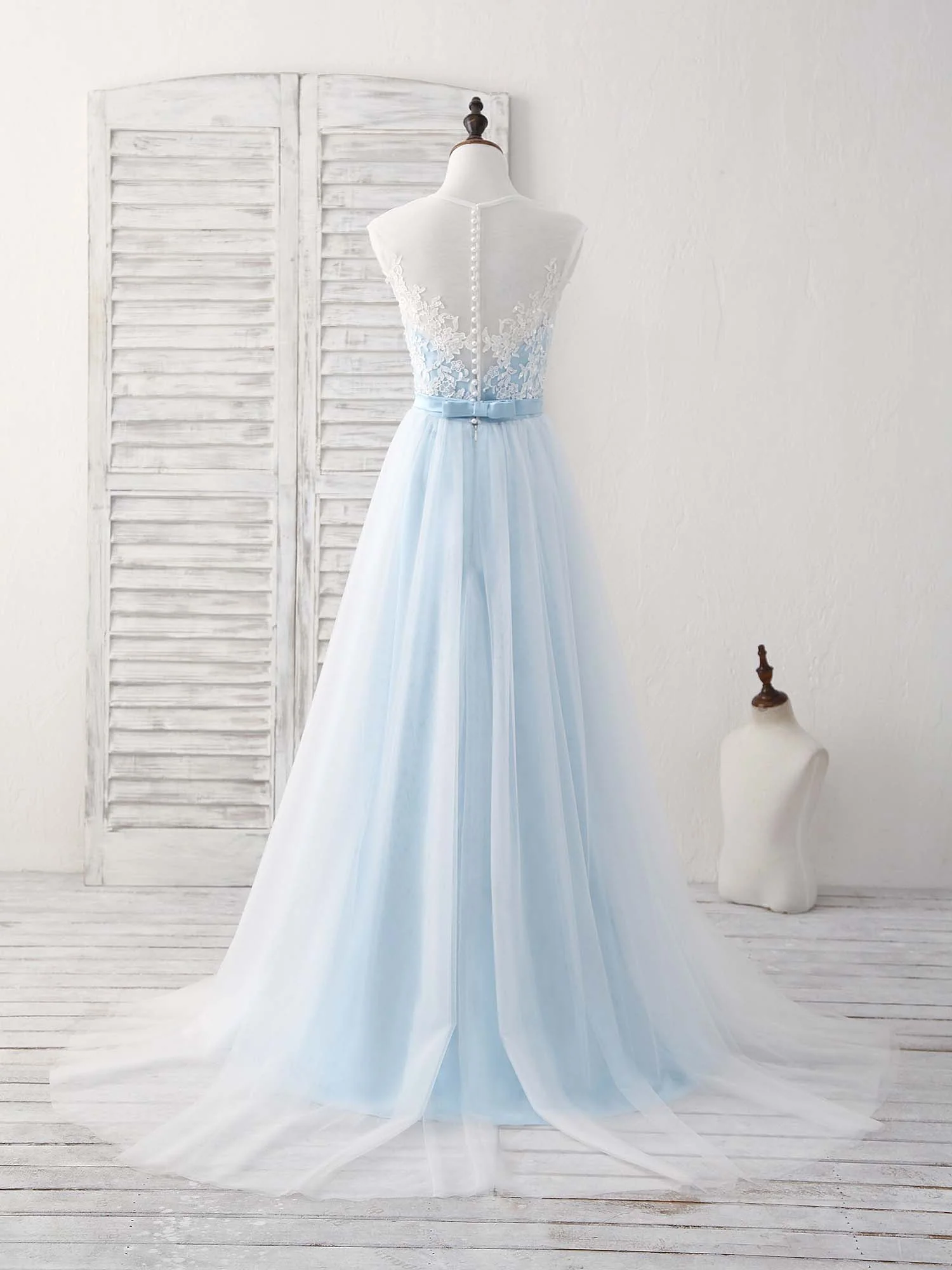 Blue Round Neck Tulle Lace Applique Long Prom Dresses - Deanwangkt