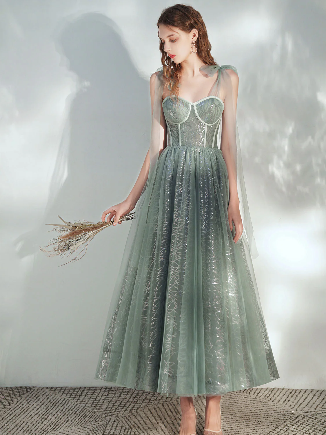 A -line Tulle Lace Tea Length Green Prom Dress, Formal Aline Green Homecoming Dresses - Deanwangkt