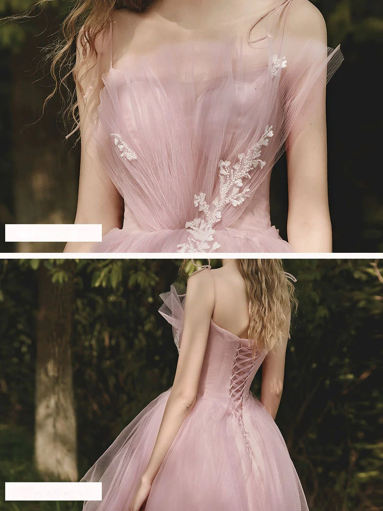 Pink Sweetheart Tulle Long Prom Dress, Pink Tulle Formal Dress - Deanwangkt