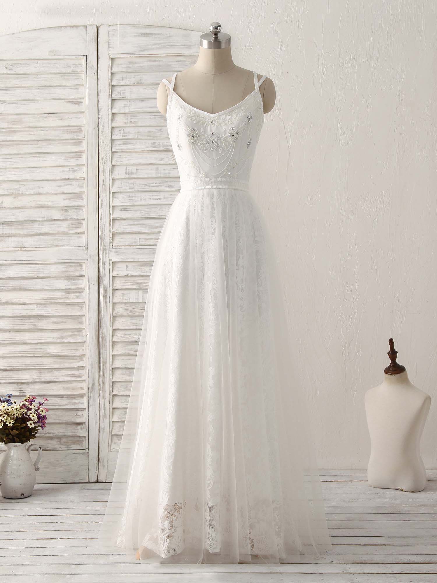 White V Neck Tulle Lace Long Prom Dress White Evening Dress - Deanwangkt