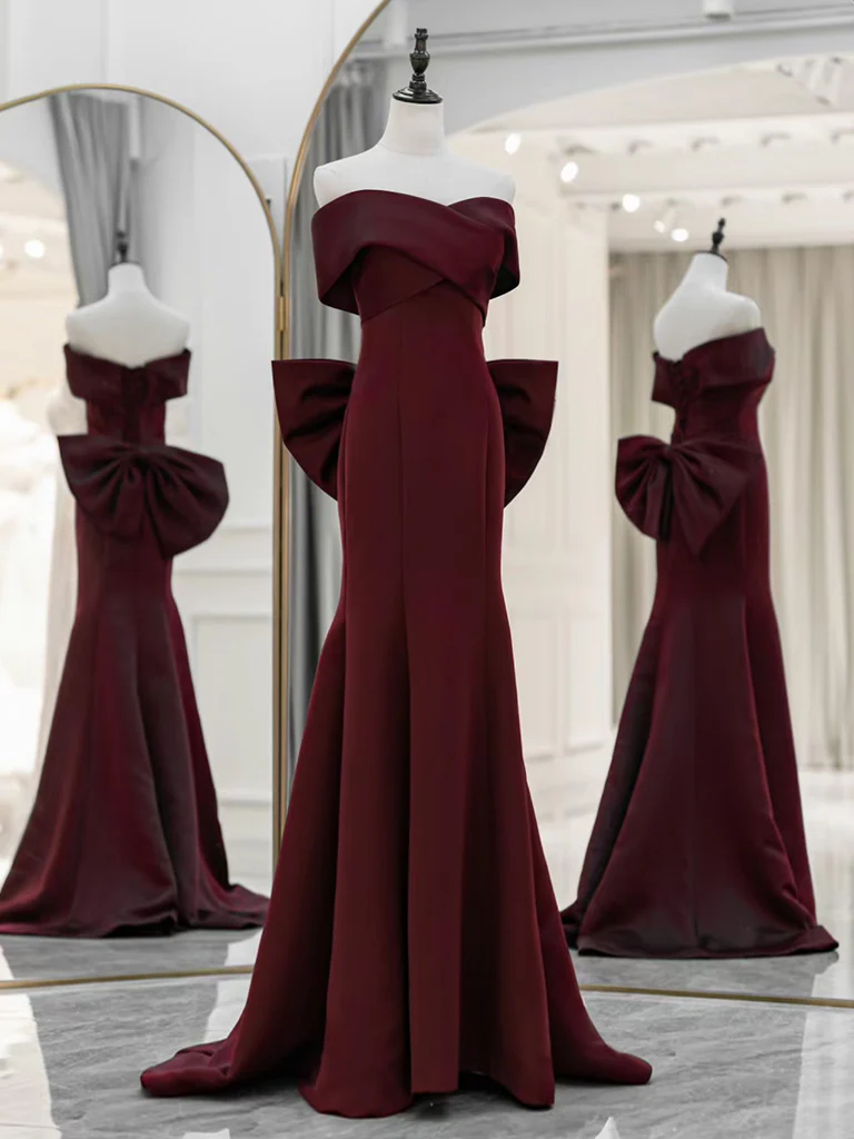 Simple Mermaid Satin Burgundy Long Prom Dress, Burgundy Long Formal Dress - Deanwangkt