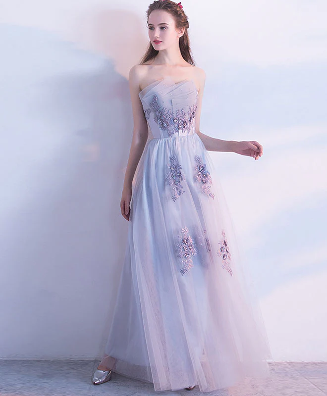 Gray Tulle Lace Long Prom Dress, Gray Tulle Evening Dress - Deanwangkt