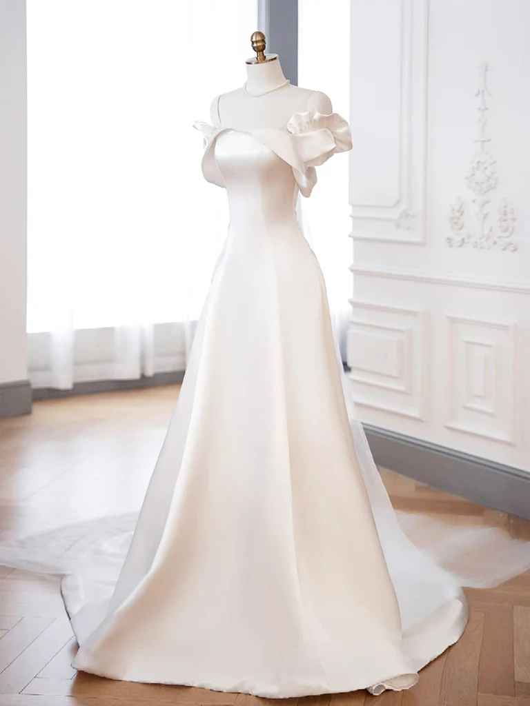 A-Line Off Shoulder Satin ivory Long Prom Dress, ivory Long Formal Dress - Deanwangkt