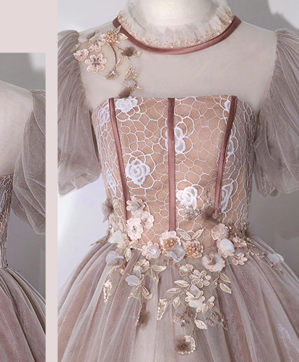 Pink Tulle Long Prom Dress, Pink Formal Sweet 16 Dress with Applique Beading - Deanwangkt