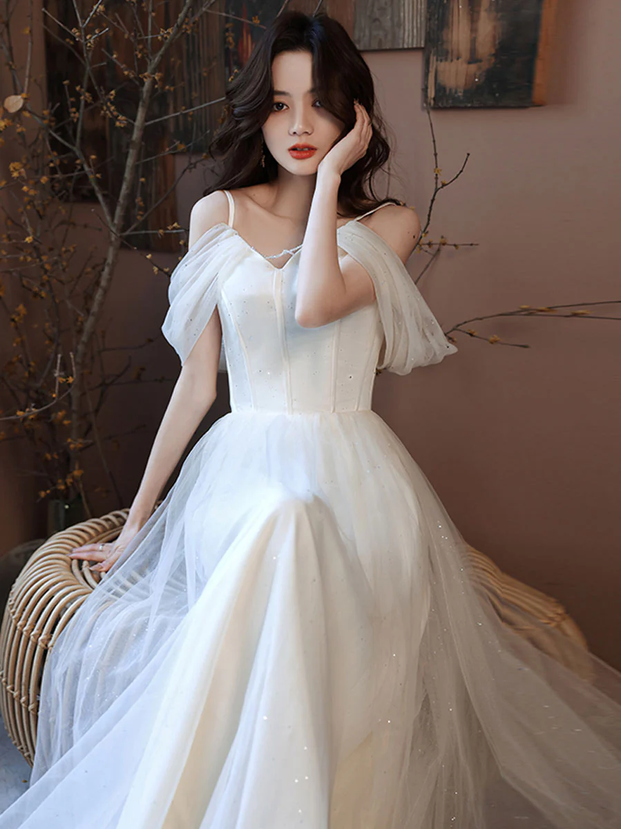 Simple White Off Shoulder Tulle Long Prom Dress, White Formal Dresses - Deanwangkt