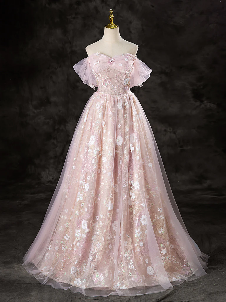 A-Line Off Shoulder Tulle Lace Pink Long Prom Dress, Lace Formal Dress - Deanwangkt