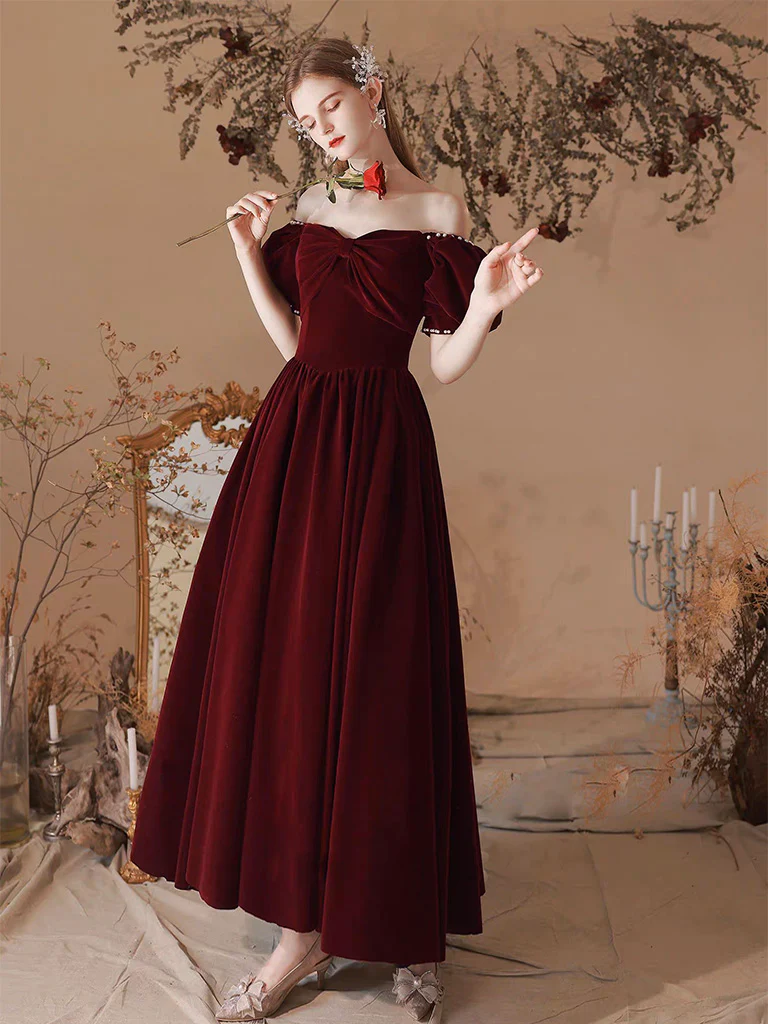 A-Line Velvet Tea Length Burgundy Prom Dress, Burgundy Formal Dress - Deanwangkt