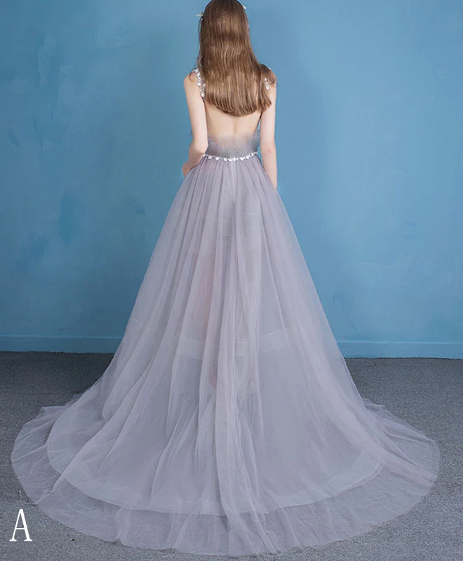 Stylish Gray Tulle Lace Long Prom Dress, Evening Dress - Deanwangkt