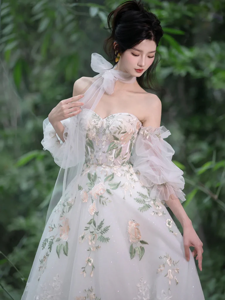 A-Line Sweetheart Neck Tulle Lace White Long Prom Dress, White Long Evening Dress - Deanwangkt