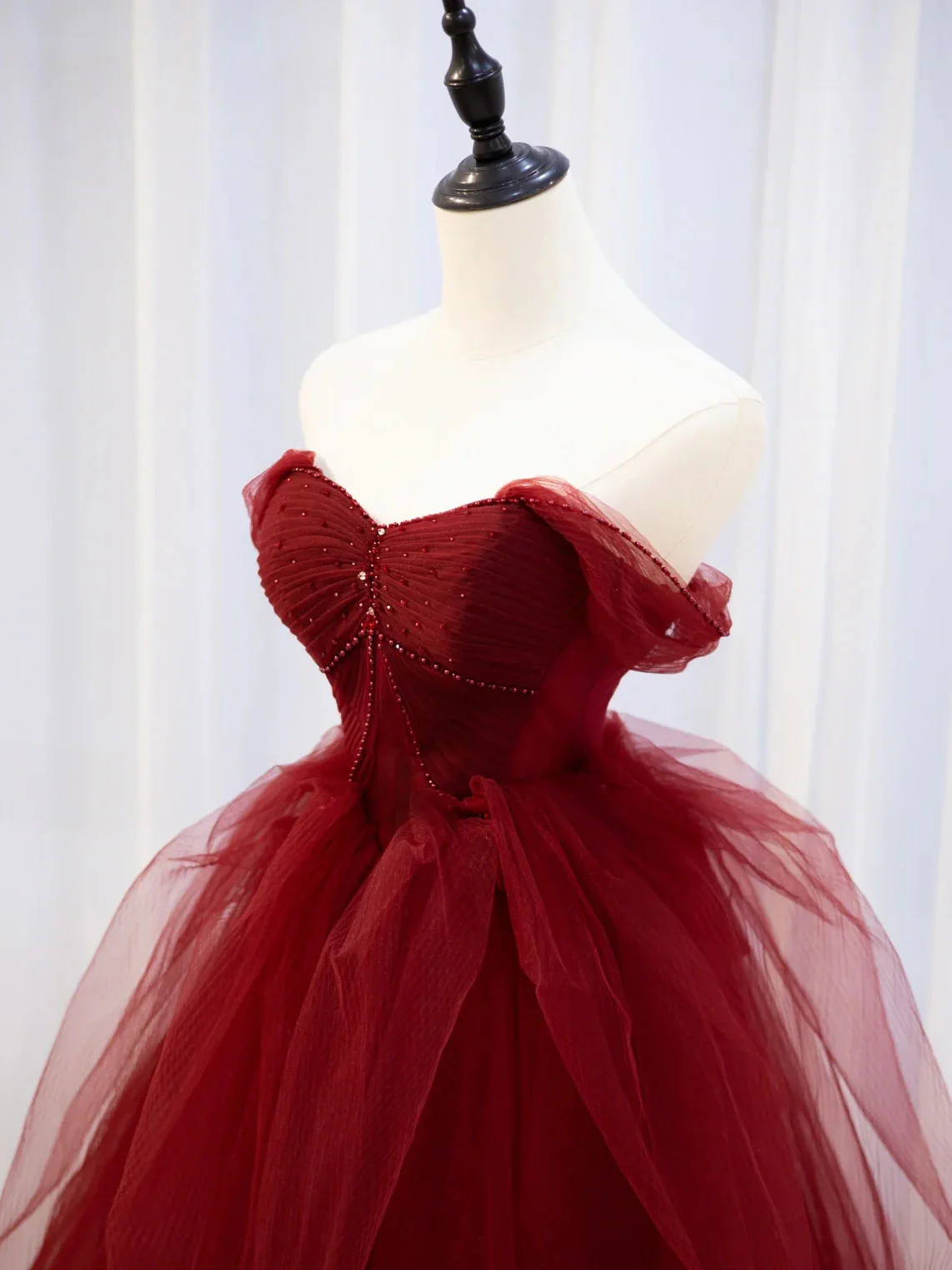 Burgundy Off Shoulder Tulle Lace Long Prom Dresses, Burgundy Formal Graduation Dresses - Deanwangkt