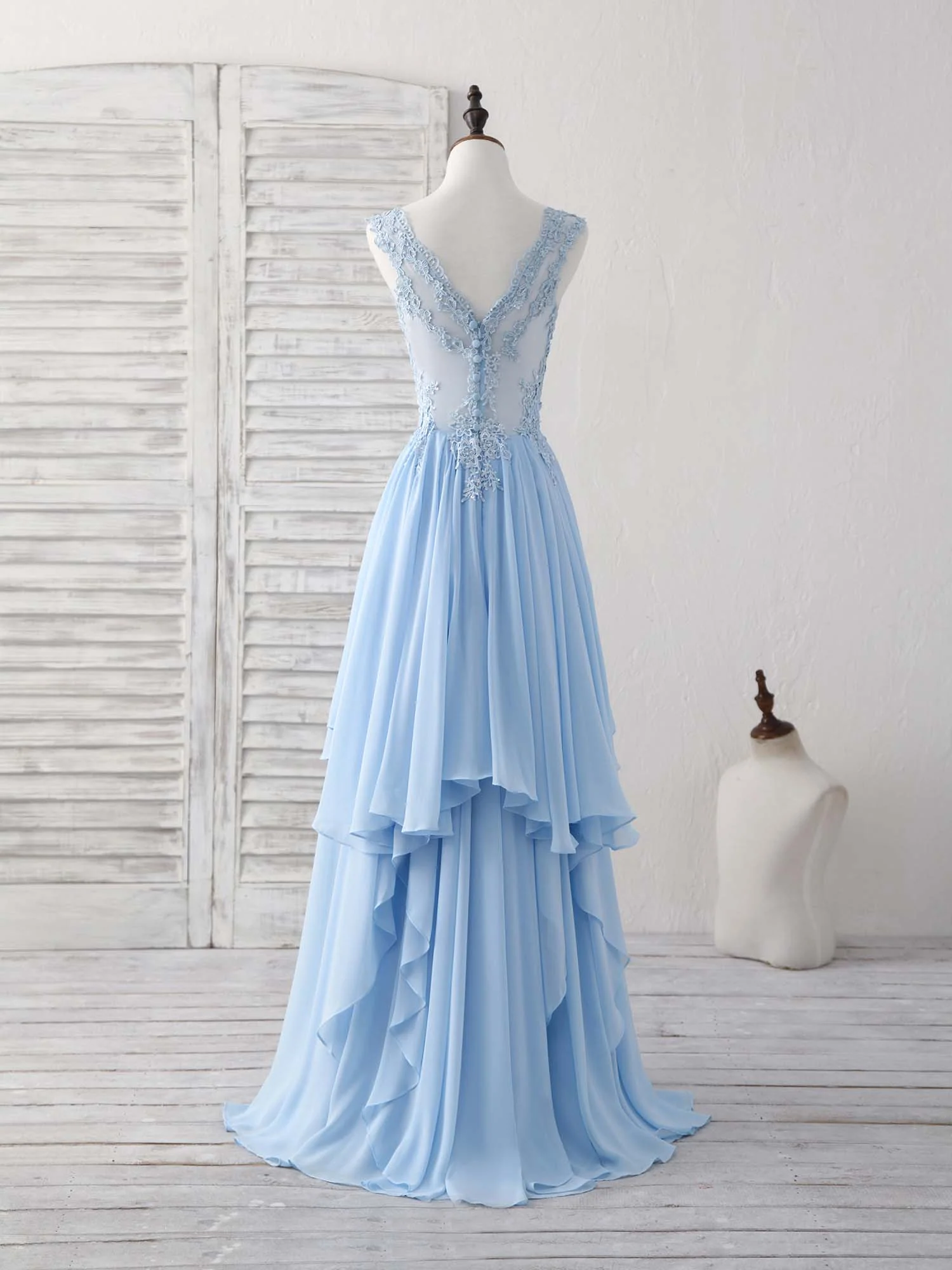 Blue V Neck Applique Chiffon Long Prom Dress Lace Bridesmaid Dress - Deanwangkt