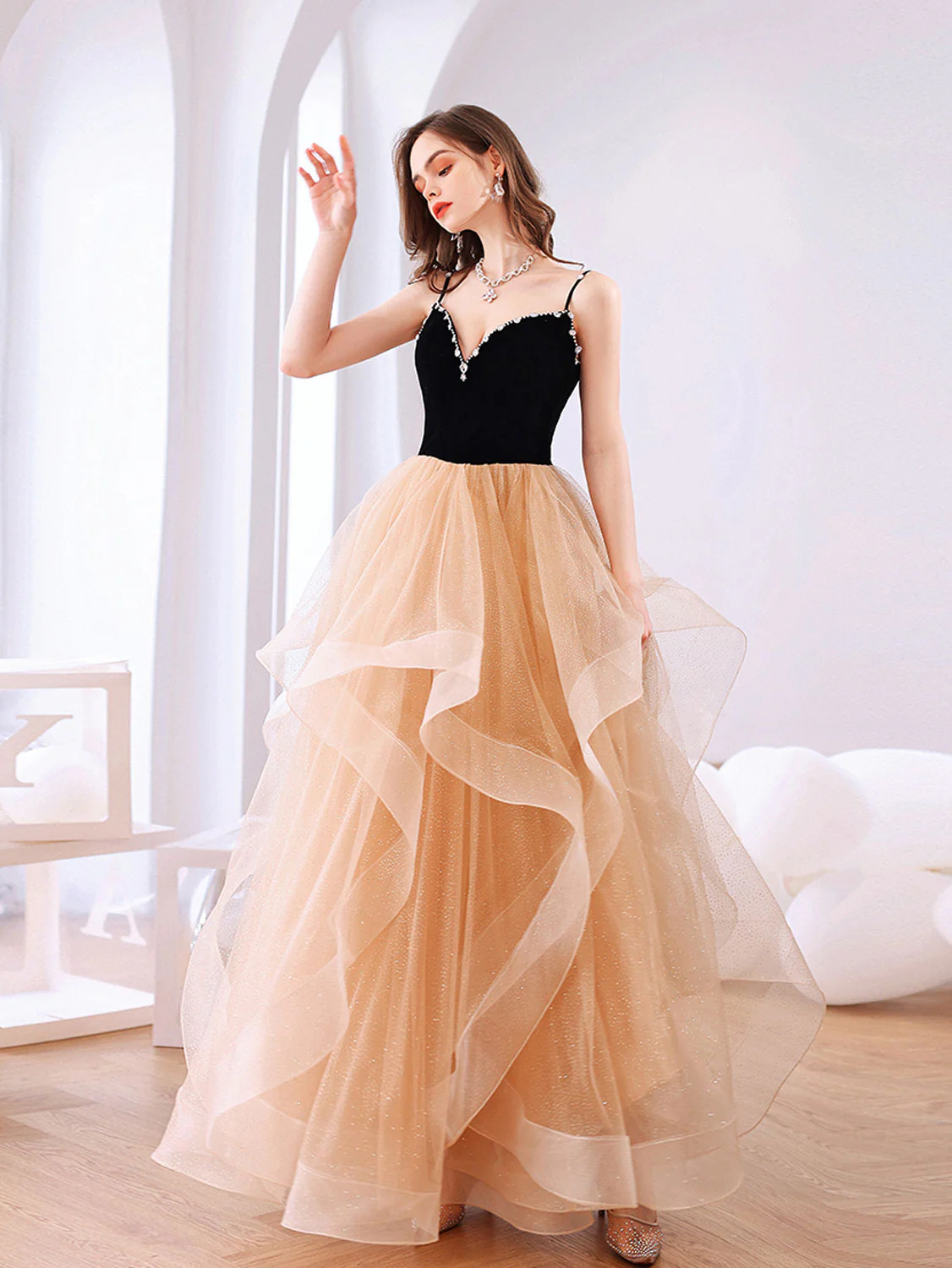 Champagne Tulle Long Prom Dresses, Champagne Tulle Formal Graduation Dresses - Deanwangkt