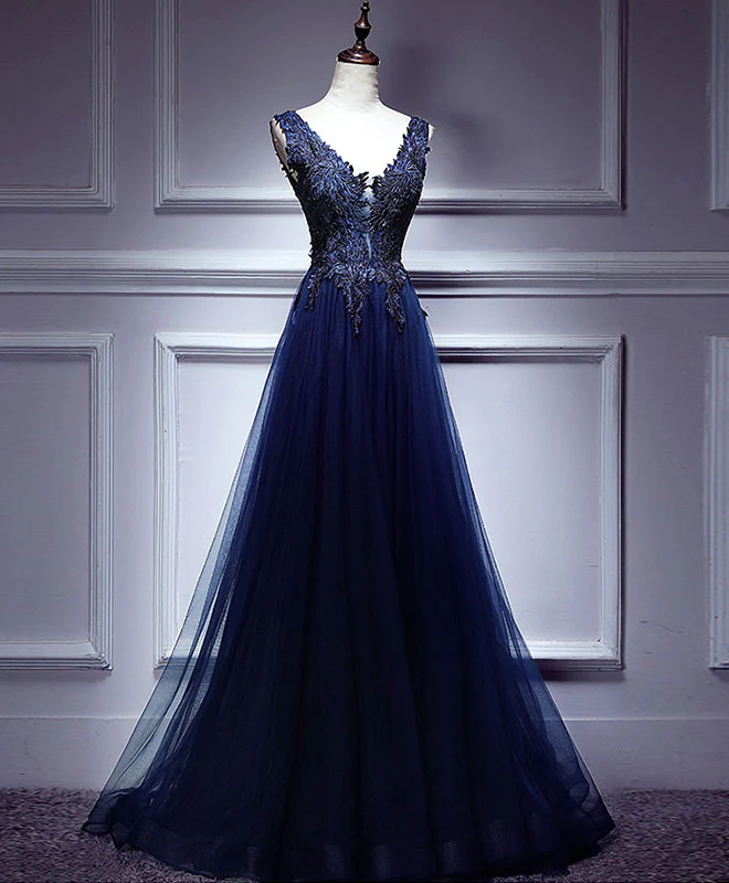 Dark Blue Lace V Neck Long Prom Dress, Lace Evening Dress - Deanwangkt