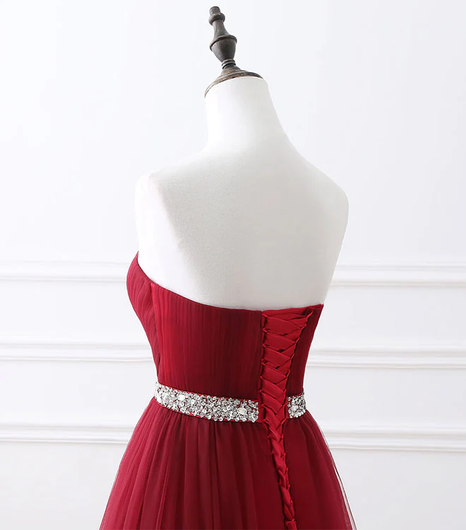 Burgundy Sweet Neck Tulle Long Prom Gown, Burgundy Evening Dress - Deanwangkt