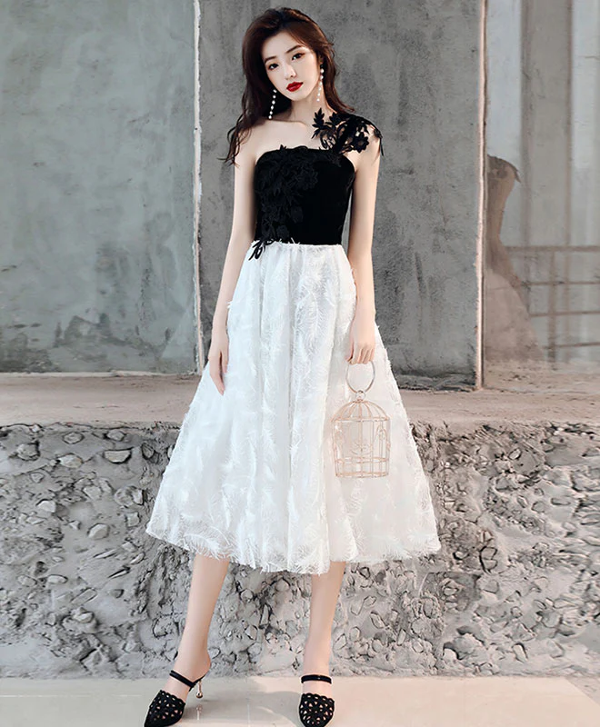 White One Shoulder Tulle Short Prom Dress, White/Black Homecoming Dress - Deanwangkt