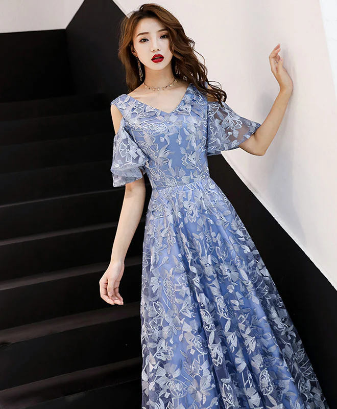 Blue V Neck Lace Long Prom Dress, Blue Evening Dress - Deanwangkt