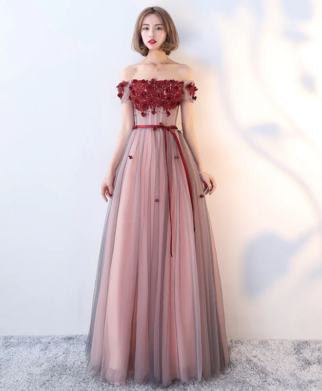 Burgundy Tulle Lace Long Prom Dress, Burgundy Evening Dress - Deanwangkt