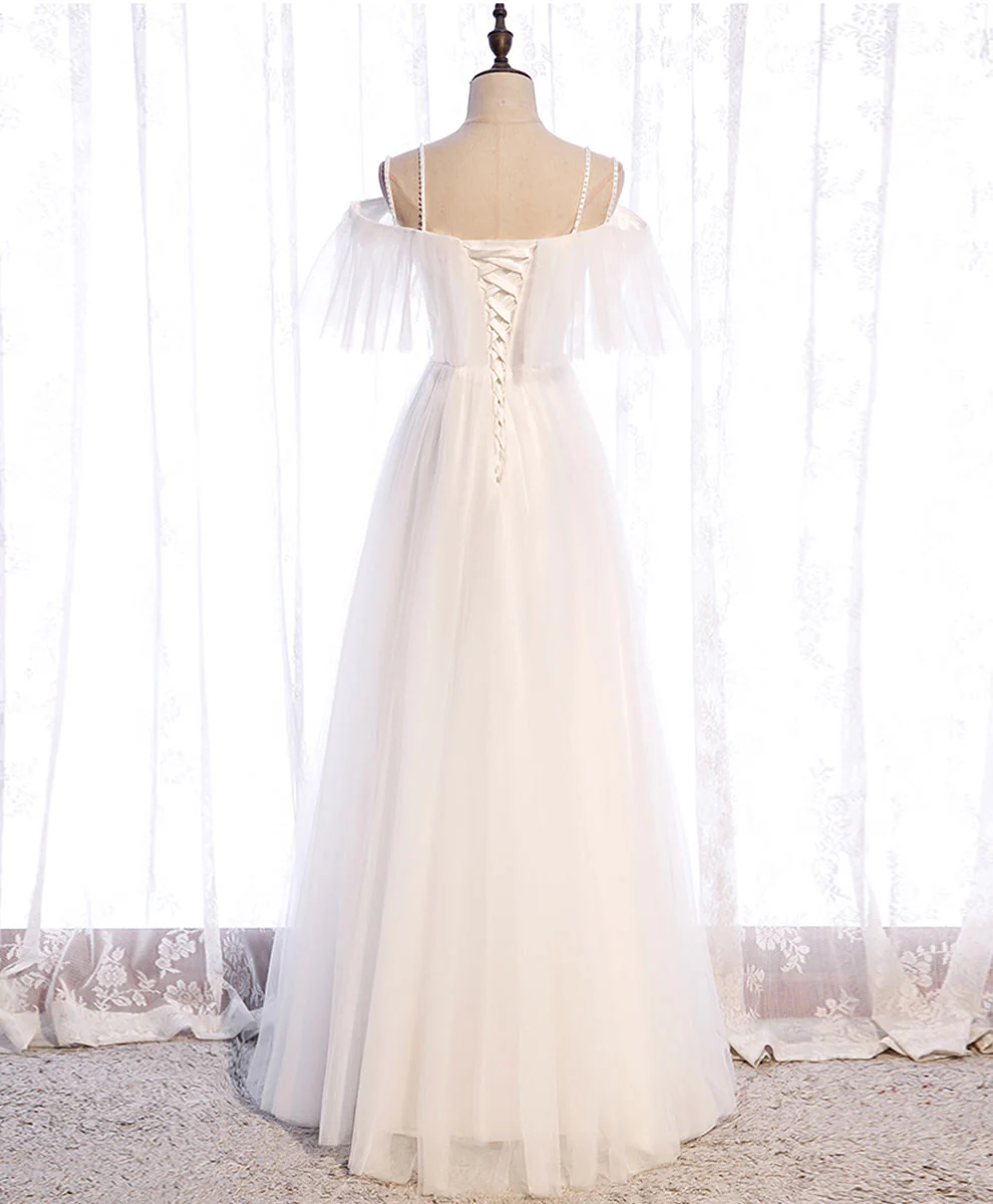 White Sweetheart Tulle Long Prom Dress, White Bridesmaid Dress - Deanwangkt