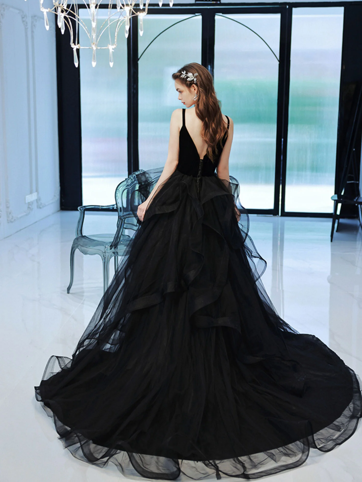 Black V Neck Tulle Long Prom Dress, Black Tulle Formal Graduation Dresses - Deanwangkt