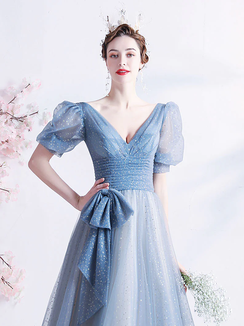 A-Line V Neck Tulle Gray Blue Long Prom Dress, Gray Blue Formal Dresses - Deanwangkt