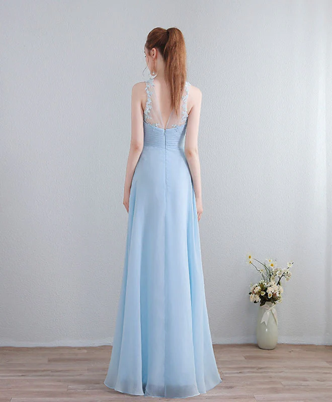 Light Blue V Neck Long Prom Dress, Lace Evening Dress - Deanwangkt