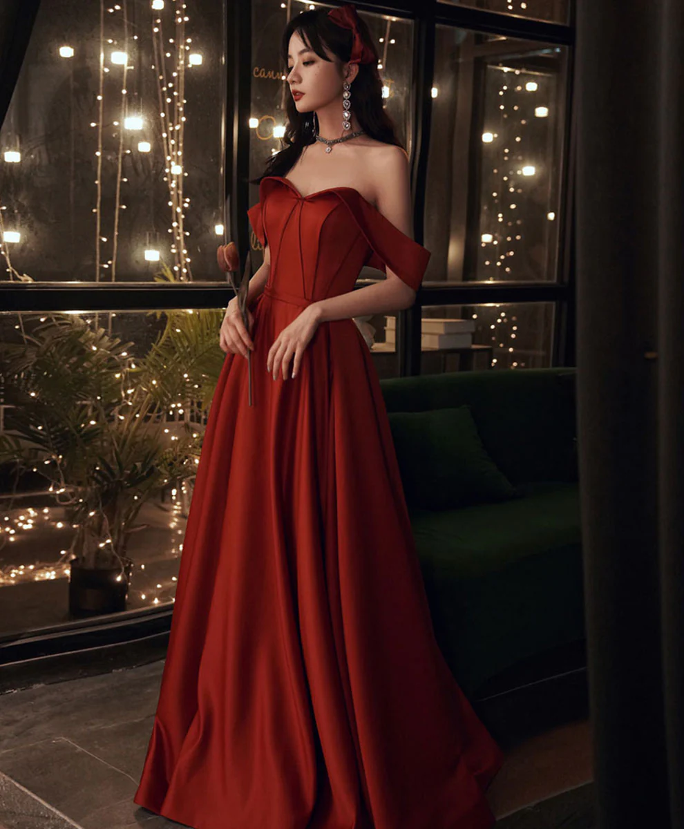 Simple Red Satin Long Prom Dress, Burgundy Formal Graduation Dresses - Deanwangkt