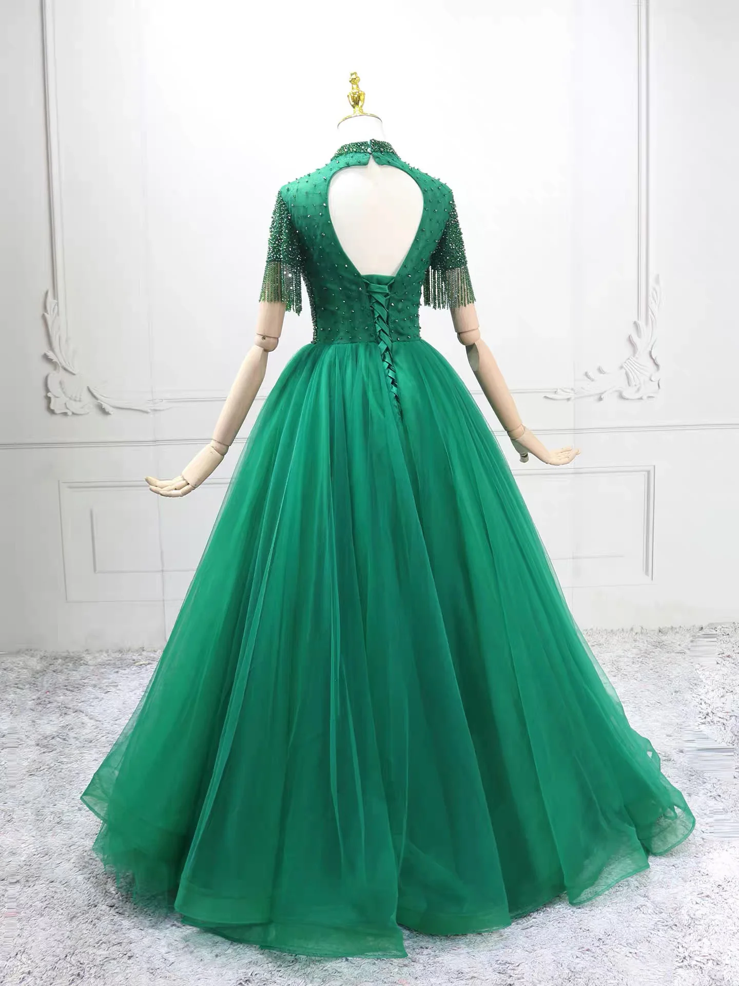 A-Line High Neck Tulle Green Long Prom Dress with Beads - Deanwangkt