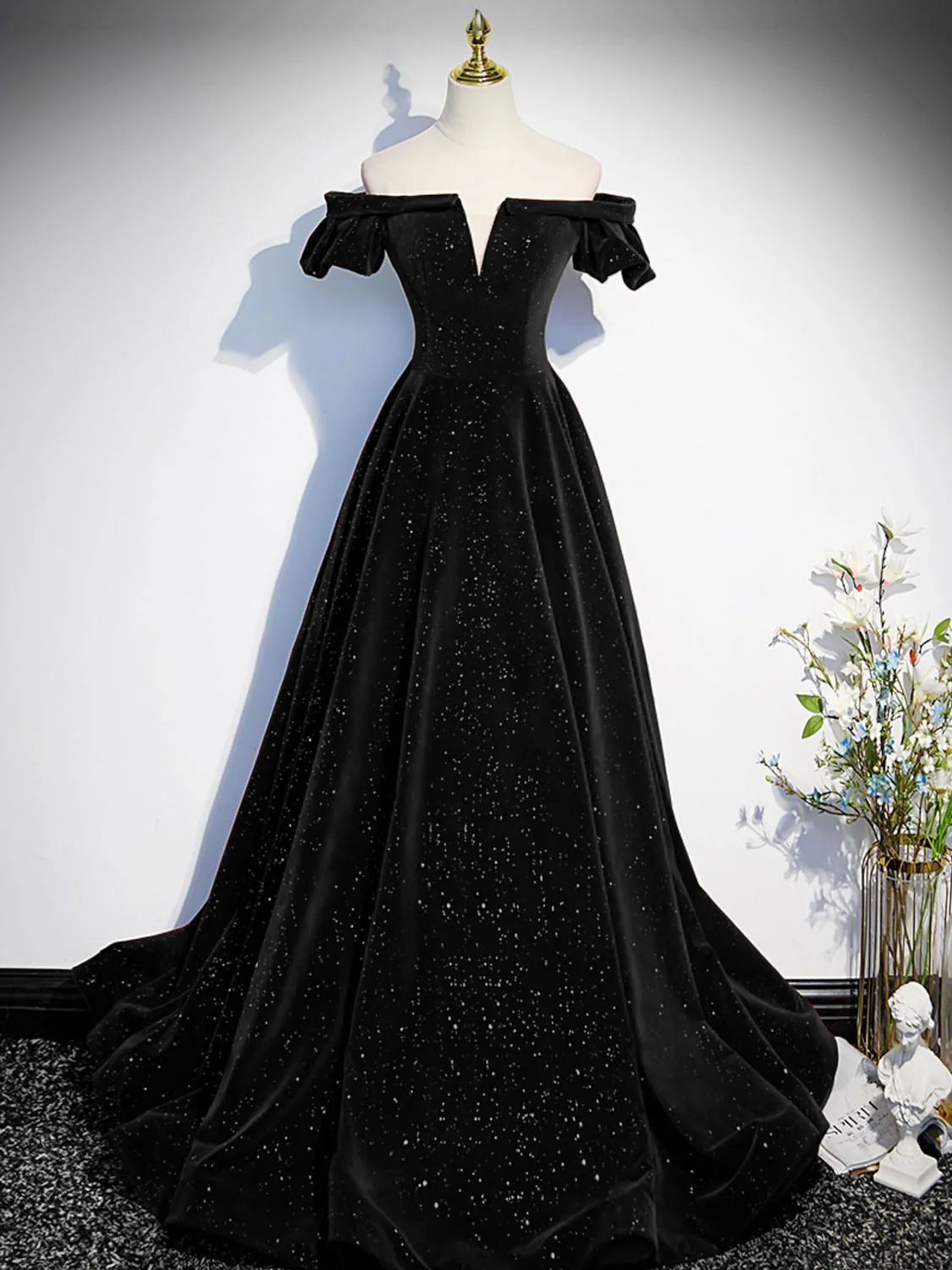 A-Line Off Shoulder Velvet Long Prom Dresses, Green Velvet Graduation Dress - Deanwangkt