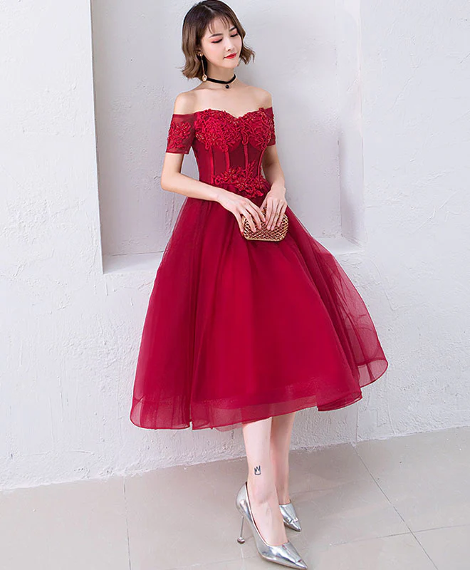 Cute Burgundy Off Shoulder Short Prom Dress, Evening Dress - Deanwangkt