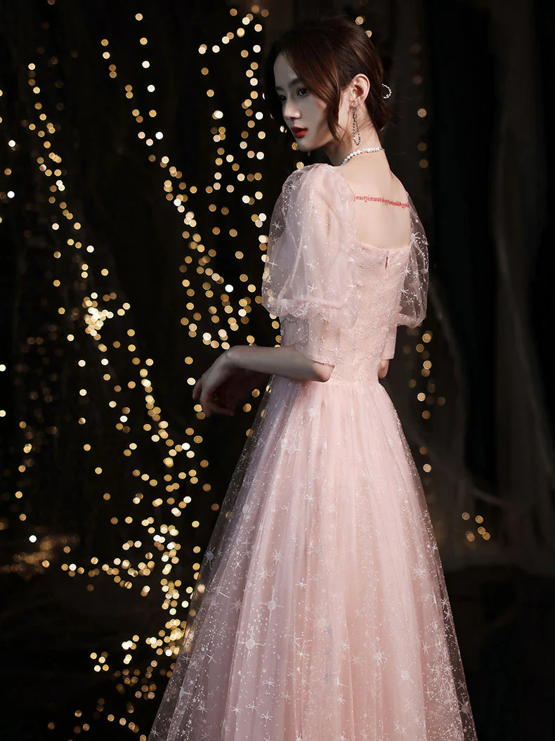 Pink Tulle Long Prom Dress, Pink Tulle Evening Dress - Deanwangkt