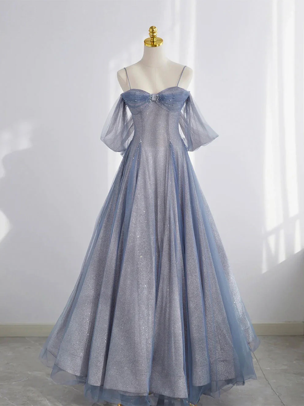Gray Blue Tulle Tea Length Prom Dress, Blue A line Formal Dresses - Deanwangkt