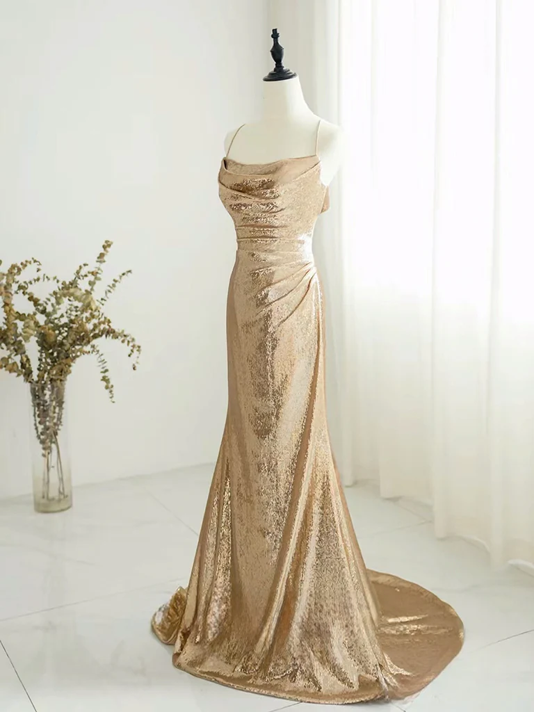 Champagne Backless Sequin Long Prom Dress, Sequin Champagne Long Evening Dress - Deanwangkt