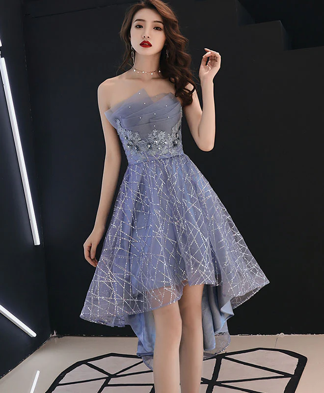 Blue Tulle Lace Short Prom Dress, Blue Evening Dress - Deanwangkt