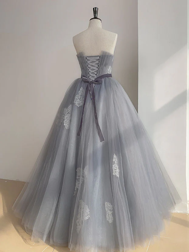 Gray Tulle Lace Long Prom Dress, Gray Ball Gown Formal Dresses - Deanwangkt