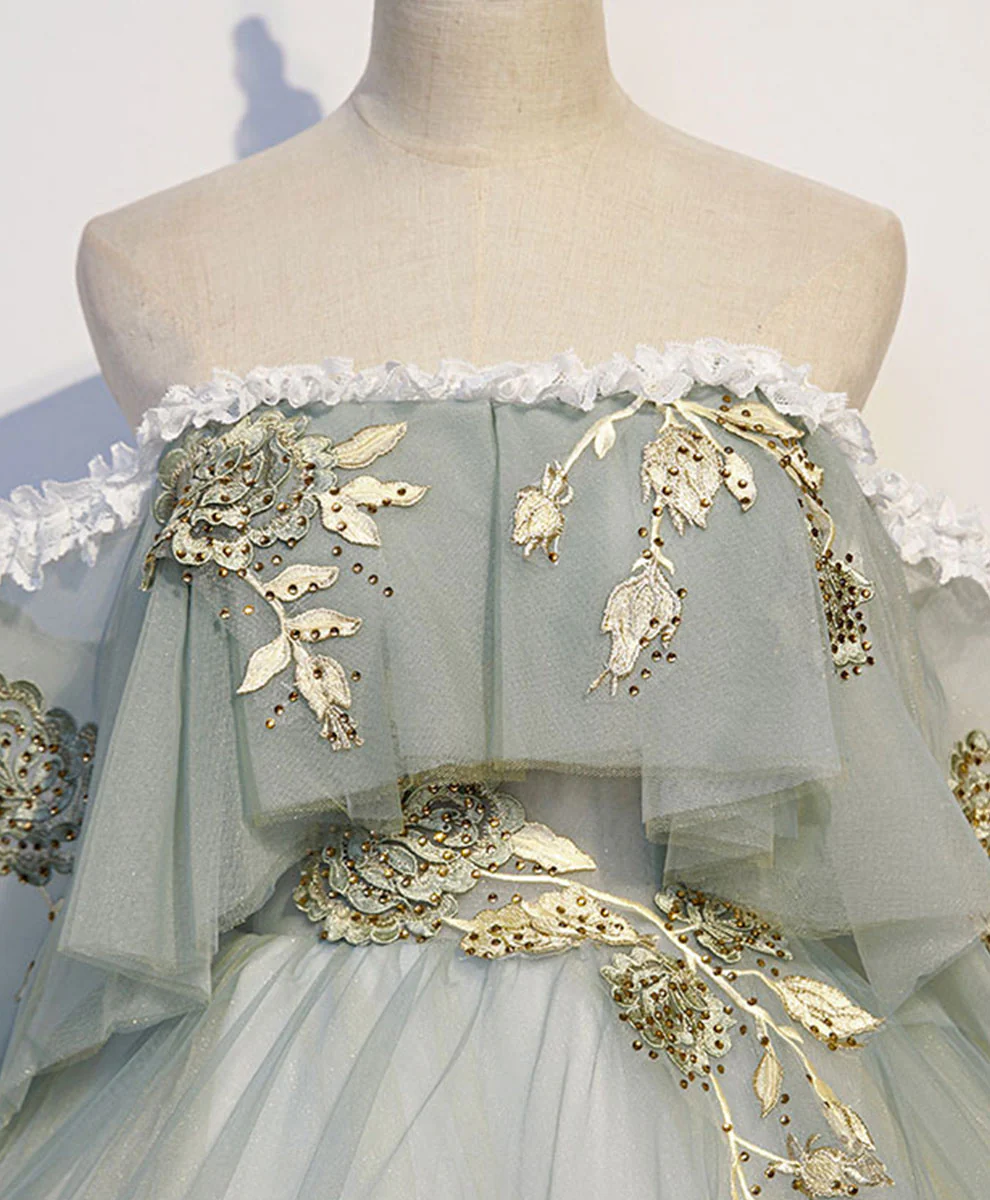 Green Tulle Lace Long Prom Dress, Green Tulle Sweetheart 16 Dress - Deanwangkt