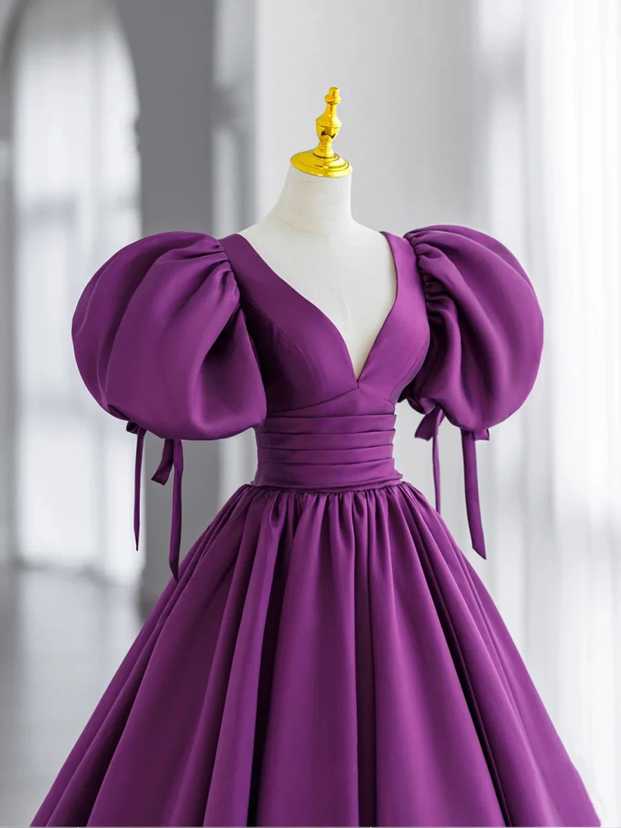 Simple V Neck Puffy Sleeves Satin Long Prom Dress, Satin Evening Dress - Deanwangkt
