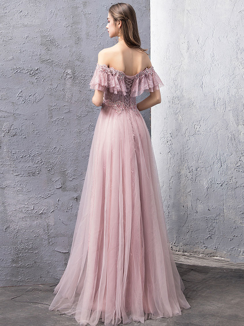 Pink Tulle Lace Off Shoulder Long Prom Dress, Pink Evening Dress - Deanwangkt