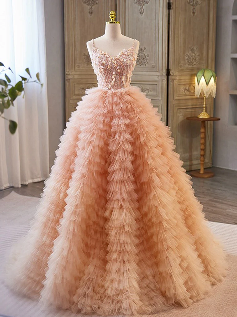 Unique V Neck Tulle Sequin Orange Pink Long Prom Dress, Orange Pink Sweet 16 Dress - Deanwangkt