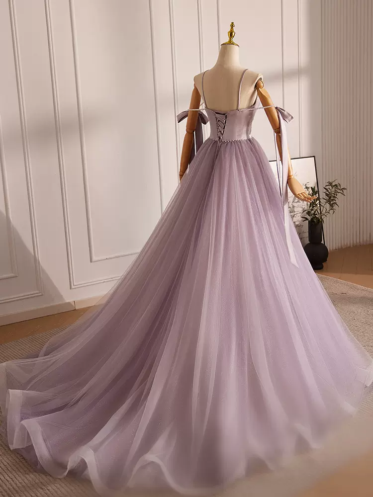 A-Line V Neck Tulle Beads Purple Long Prom Dress, Purple Long Formal Dress - Deanwangkt