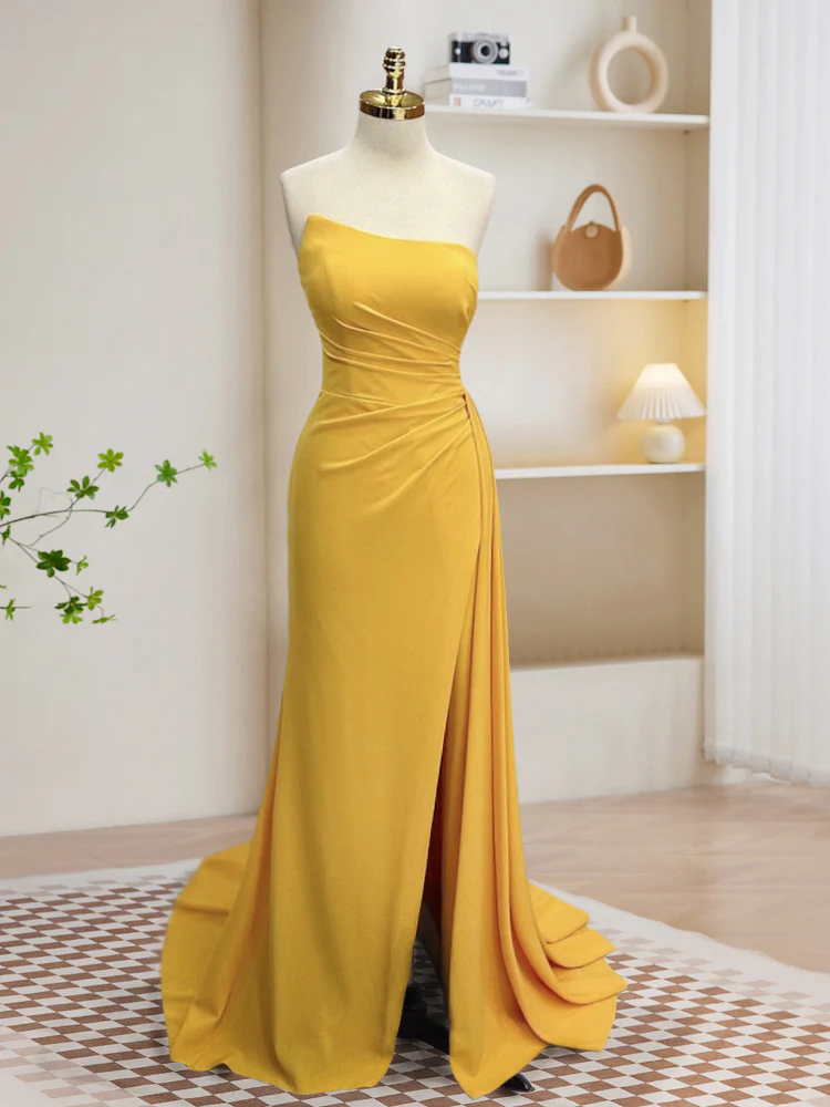 Simple Yellow Satin Long Prom Dress, Yellow Formal Dress - Deanwangkt