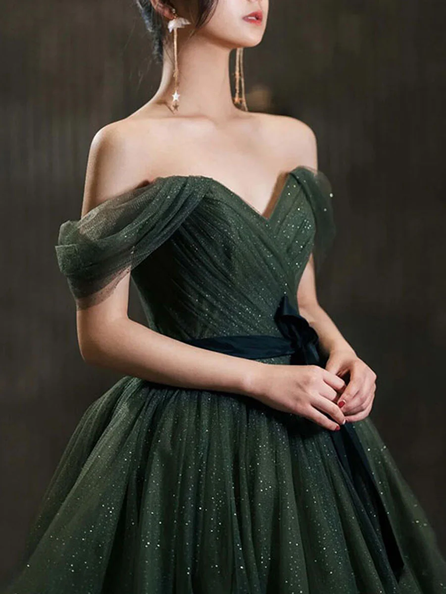 Simple Green Sweetheart Tulle Long Prom Dress, Green Formal Dresses - Deanwangkt