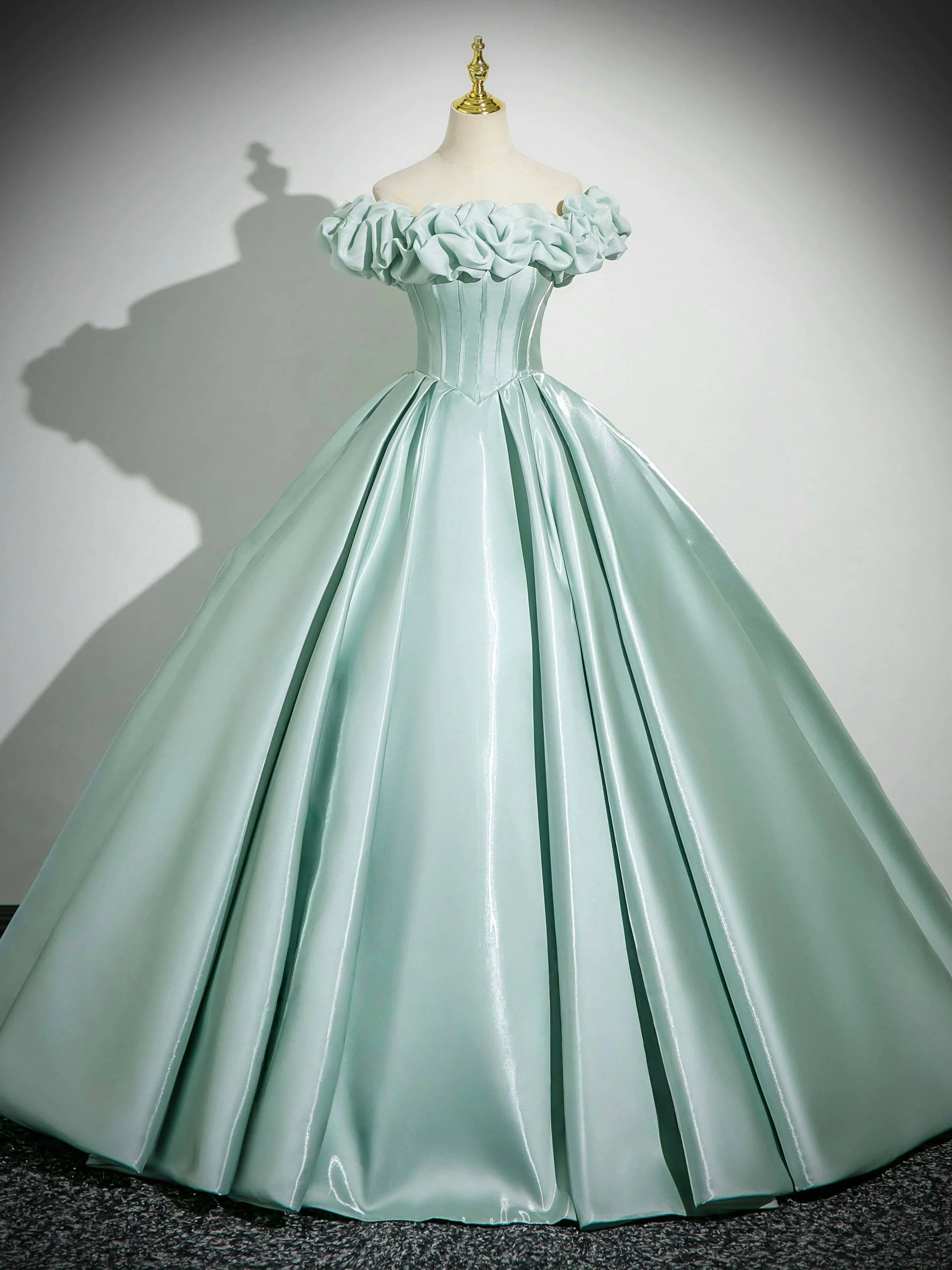 A-Line Off Shoulder Satin Mint Green Long Prom Dress, Mint Green Long Formal Dress - Deanwangkt