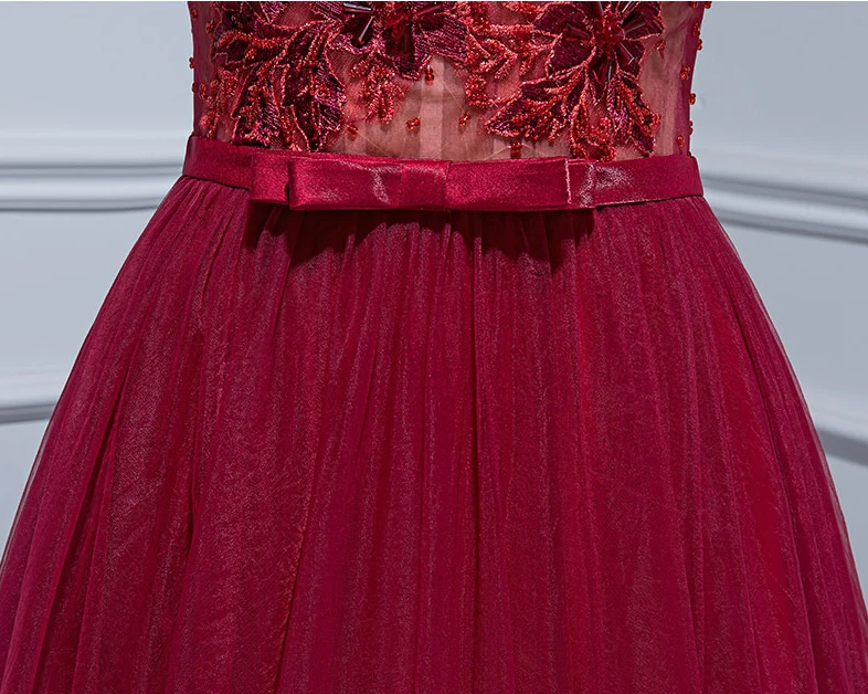 Burgundy V Neck Tulle Lace Long Prom Dress, Burgundy Evening Dress - Deanwangkt