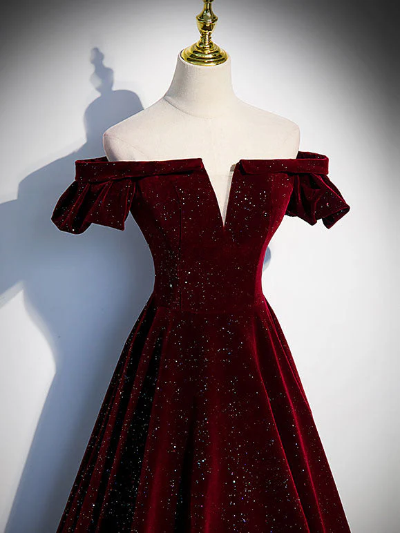 A-Line Off Shoulder Velvet Burgundy Short Prom Dress, Burgundy Homecoming Dress - Deanwangkt