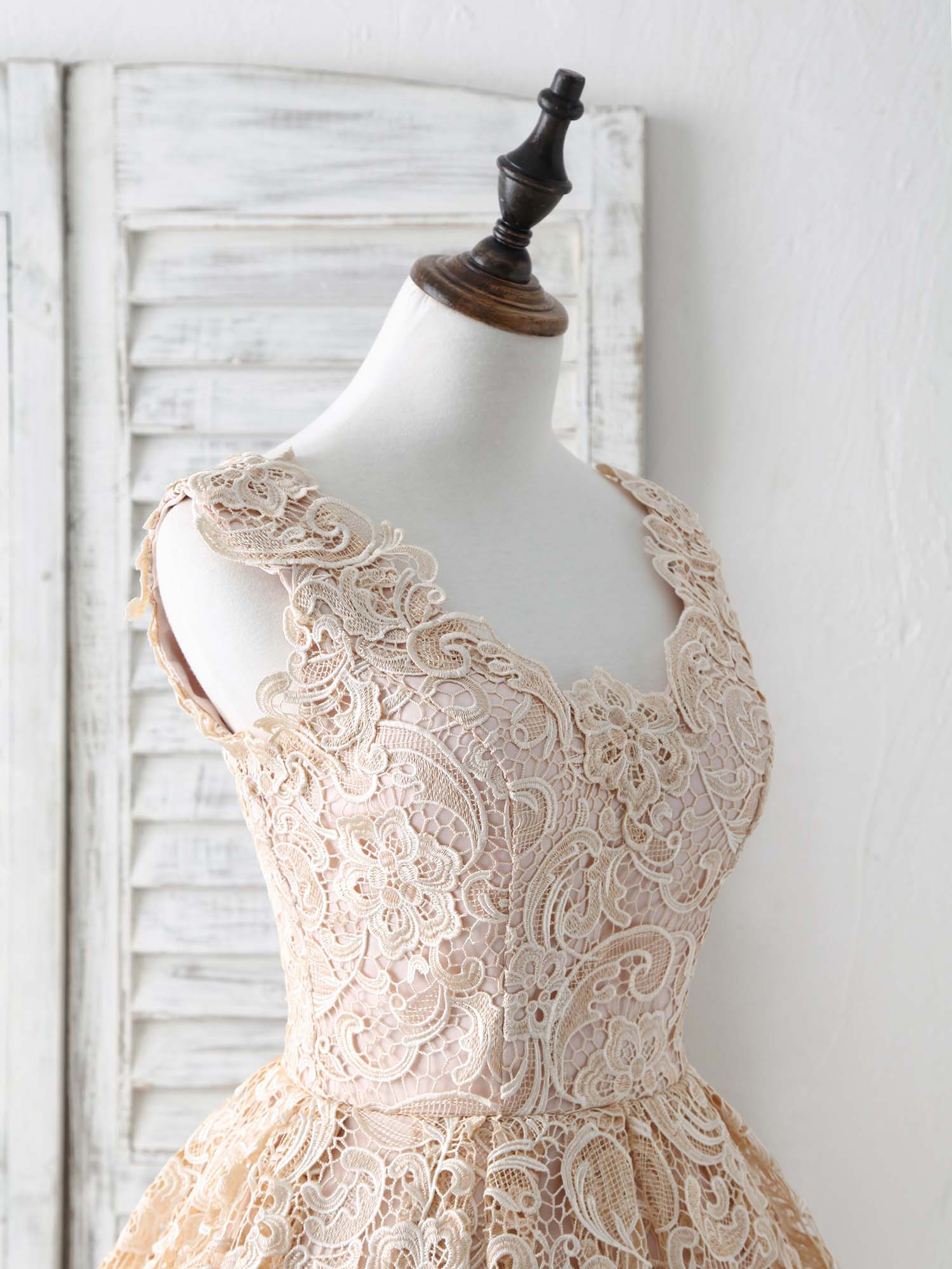 Champagne V Neck Lace Short Prom Dress Champagne Bridesmaid Dress - Deanwangkt