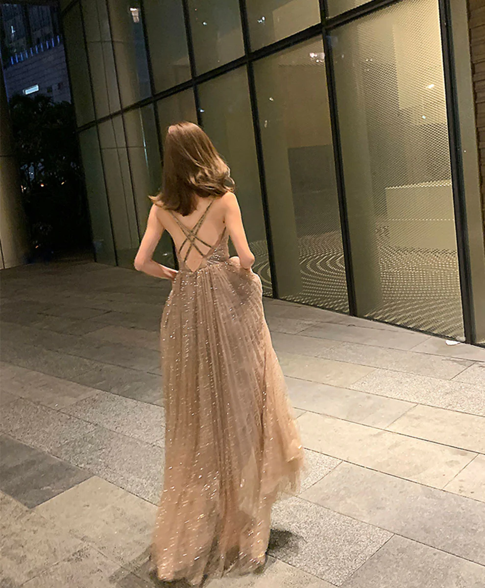 Simple Champagne V Neck Tulle Sequin Long Prom Dress Formal Dress - Deanwangkt