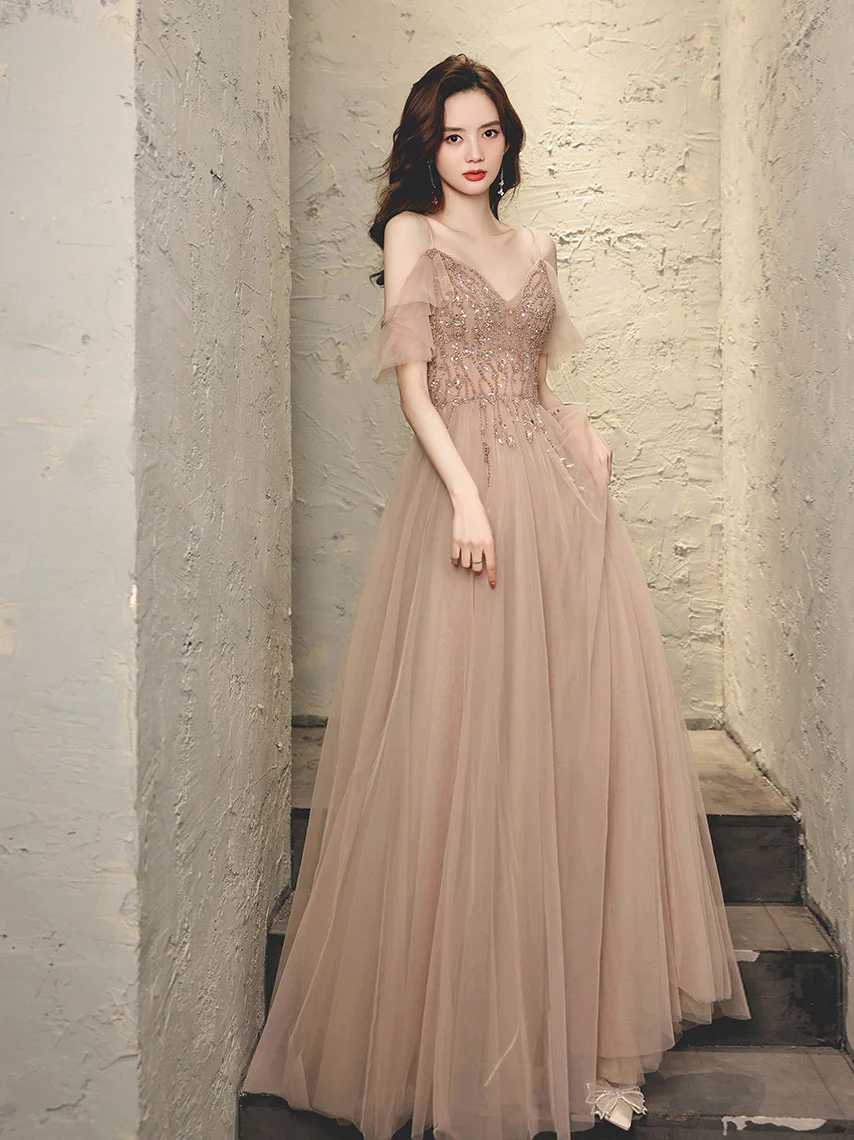 Champagne V Neck Tulle Beads Long Prom Dress, Champagne Evening Dress - Deanwangkt