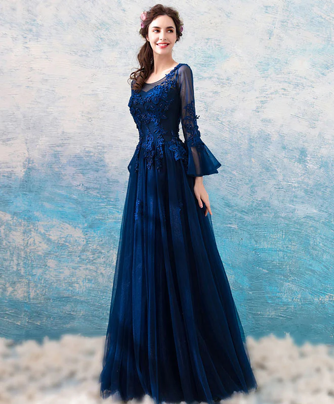Blue Round Neck Lace Tulle Long Prom Dress, Lace Evening Dress - Deanwangkt