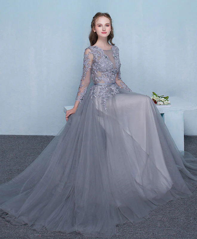 Gray Round Neck Lace Tulle Long Prom Dress, Gray Lace Evening Dress - Deanwangkt